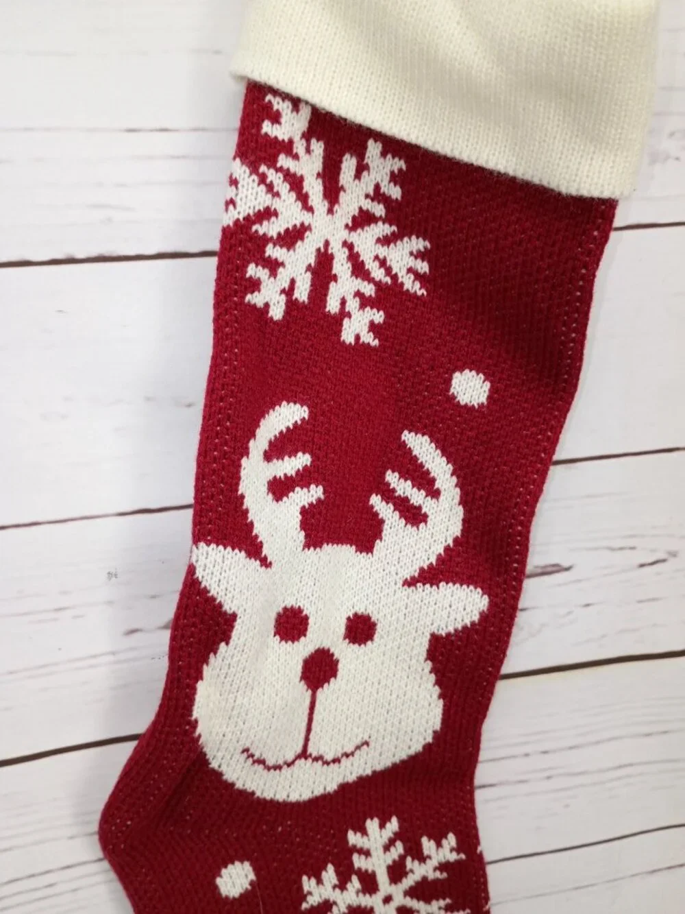 Red Knit Christmas Stocking With Reindeer & Snowflake Design - Holiday Decoratio